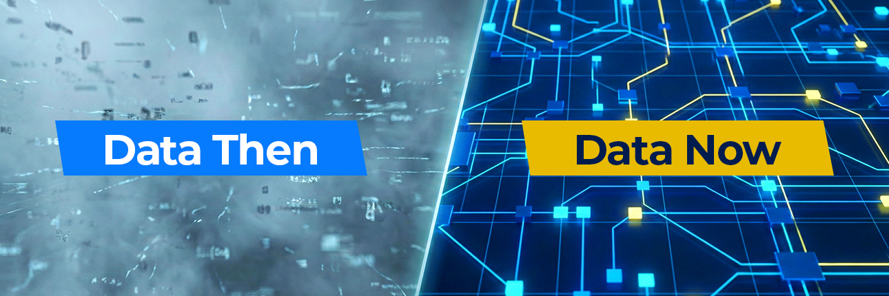 Side-by-side visual comparing traditional historical data labeled “Data Then” with live, connected real-time data labeled “Data Now,” illustrating the shift to real-time signal-based decision making.