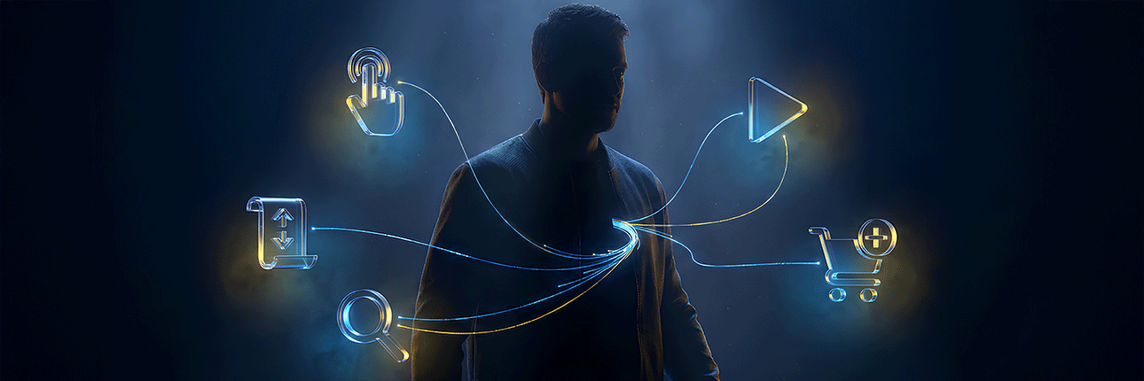 Illustration showing a user journey mapped through verified real-time signals, with icons representing search, content views, clicks, and purchases connected by data flows to illustrate intent modeling and predictive targeting.
