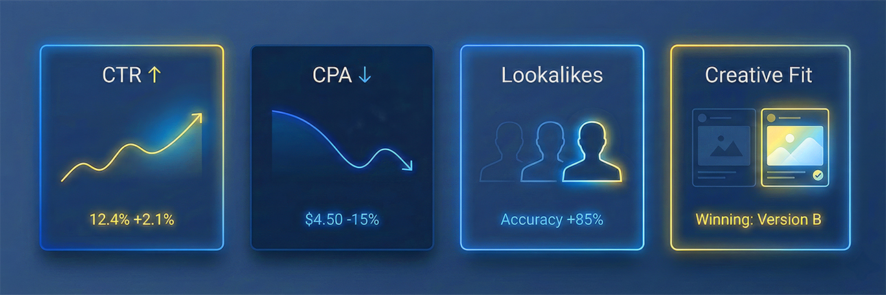 Dashboard-style visual showing campaign performance improvements, including higher CTR, lower CPA, lookalike audience accuracy, and winning creative variations.