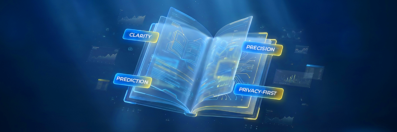Open digital book visual representing AI intelligence principles, highlighting clarity, precision, prediction, and privacy-first data processing.