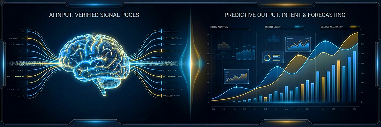 AI system visual showing verified signal inputs feeding predictive intent and forecasting dashboards with growth analytics.