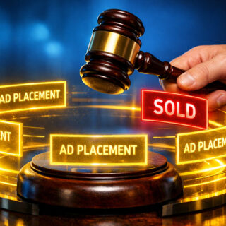 A conceptual image of a digital advertising auction featuring a hand in a suit holding a wooden gavel over a futuristic, glowing pedestal. Floating holographic panels labeled "AD PLACEMENT" in yellow and "SOLD" in red orbit a central sound block, representing real-time bidding.