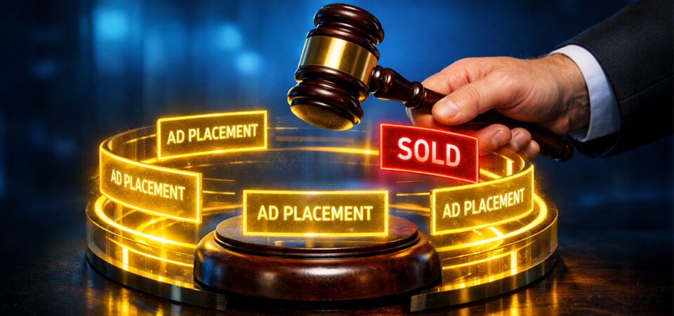 A conceptual image of a digital advertising auction featuring a hand in a suit holding a wooden gavel over a futuristic, glowing pedestal. Floating holographic panels labeled "AD PLACEMENT" in yellow and "SOLD" in red orbit a central sound block, representing real-time bidding.